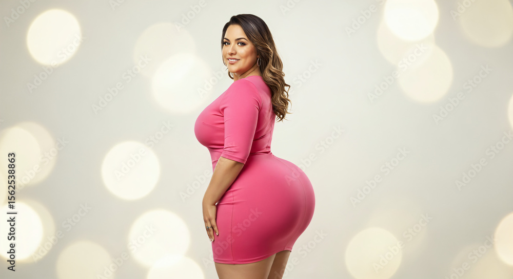 Obraz premium Curvy young woman wearing a pink dress. The background is soft with out-of-focus lights creating a bokeh effect.