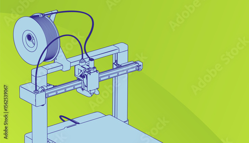 3D printer sketch on bright green background. Vector draw is highlighting its key components like the filament spool and print head. Technology, innovation and modern manufacturing.