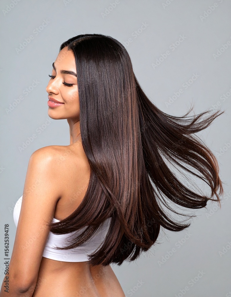 Naklejka premium Woman with Shiny Hair Blowing in Wind – Haircare Beauty Shot