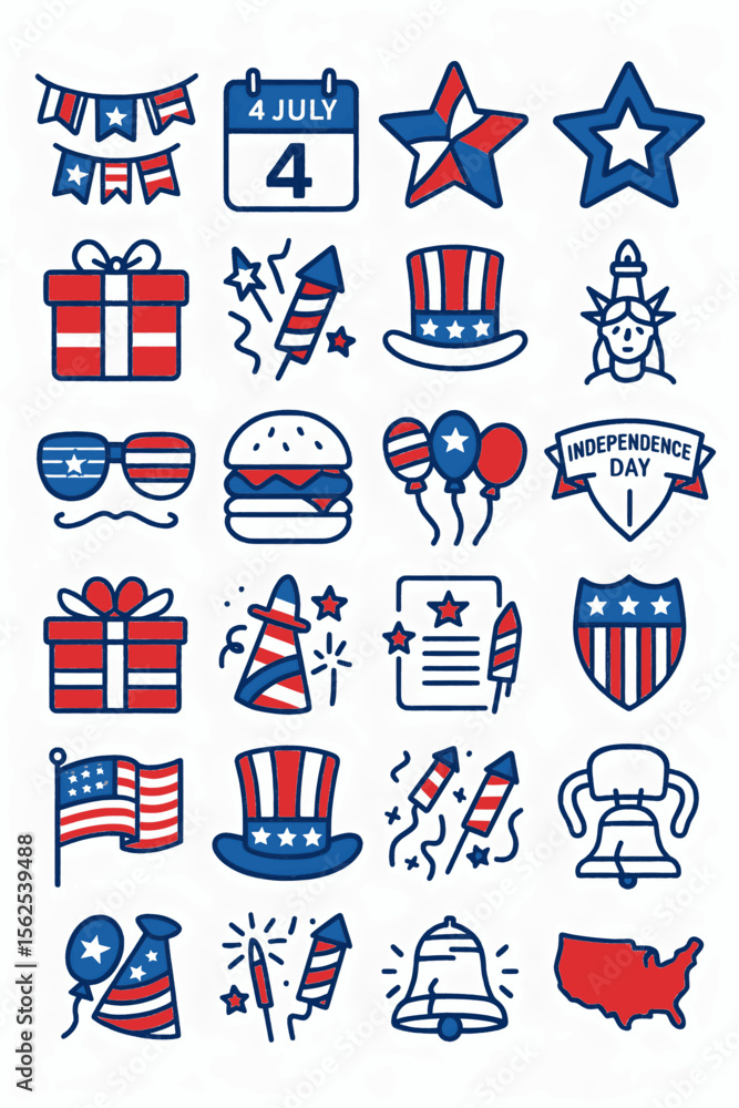 Fototapeta premium Fourth of July doodle set. National symbols of USA Independence Day, party decorations, fireworks, Uncle Sam hat, medal, flags and maps. Hand drawn vector illustration isolated on white background.