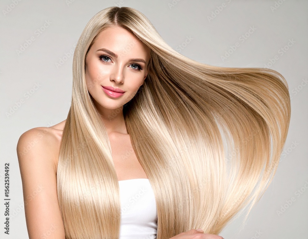 Naklejka premium Woman with Shiny Hair Blowing in Wind – Haircare Beauty Shot