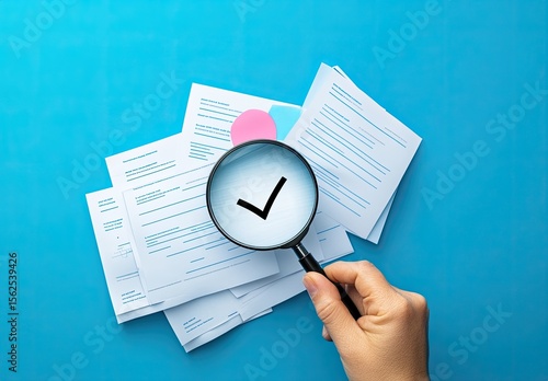 Hand holding magnifying glass over documents with a checkmark