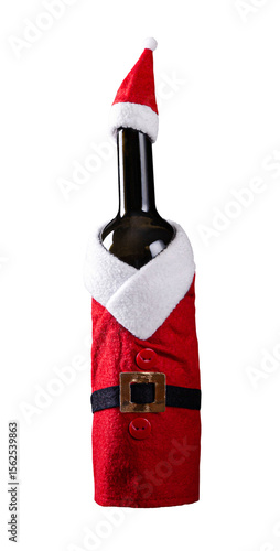 Wine bottle in Santa Claus Hat and Costume, closeup object. Isolated on transparent background. Christmas and New Year celebration. Winter holidays