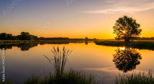 Serene golden hour landscape over tranquil water reflecting a solitary tree silhouetted against a vibrant sunset with soft light