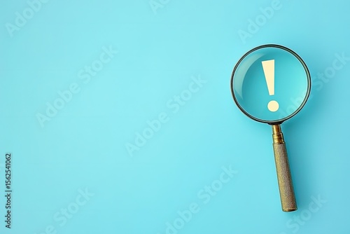Magnifying glass focuses on an exclamation point on a light-blue background