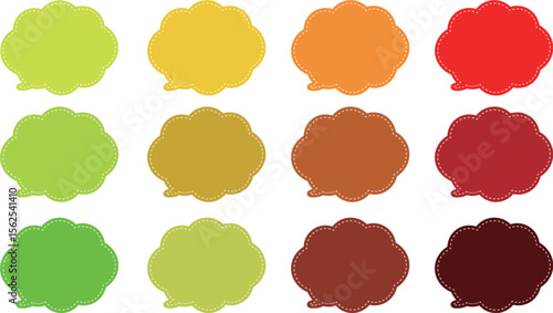 A 12-color speech bubble set with an autumn theme and white dashed lines inside each bubble. .All the bubbles have a distinctive, rounded, cloud-like, or scalloped edge design.