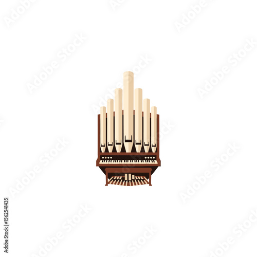 Detailed vector illustration of a classic pipe organ keyboard and pipes isolated on white background