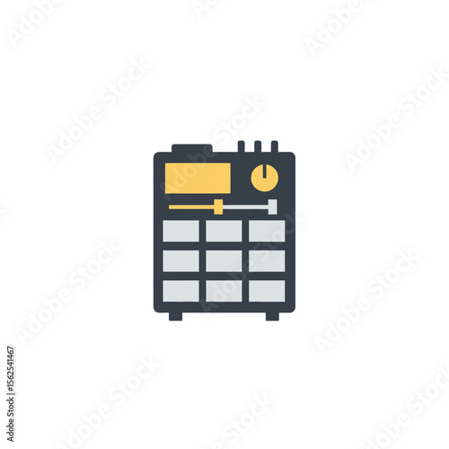 Minimalistic icon representing a music sampler or electronic drum machine with buttons and control knobs