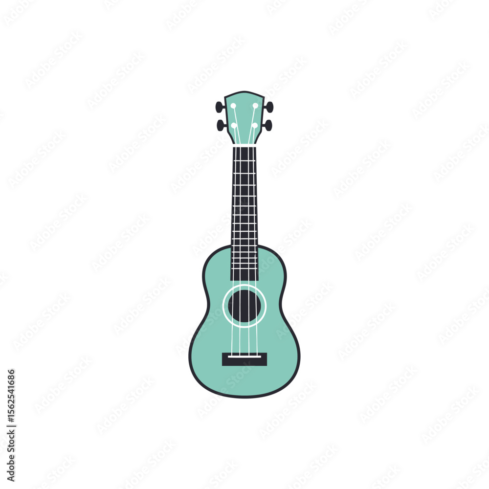 Naklejka premium Illustration of a teal colored ukulele with black tuning pegs and strings on white background