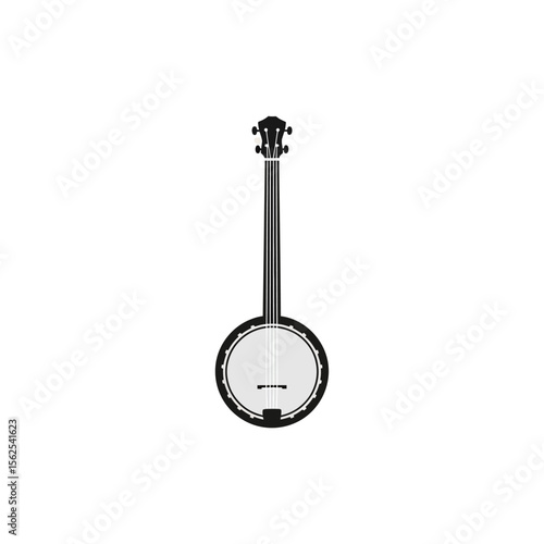 Minimalistic black and white illustration of a classic banjo musical instrument on white background