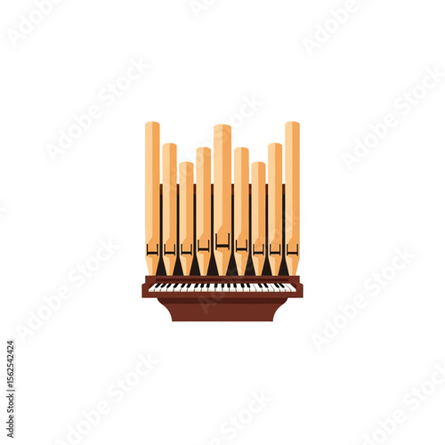 A classic pipe organ with multiple vertical wooden pipes and a keyboard, depicted in a simple illustration.