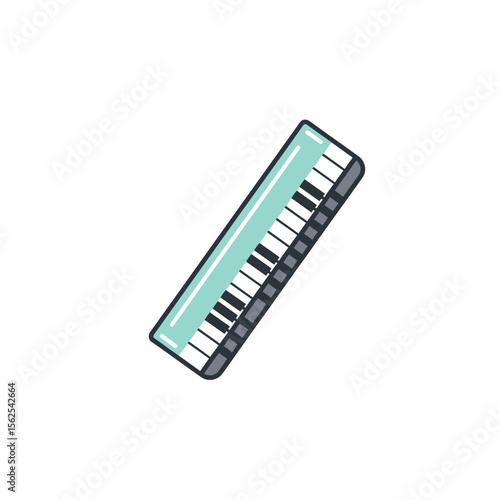 iconic illustration of electronic keyboard piano instrument with black and white keys on blue background