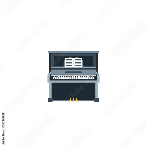 Flat design illustration of an upright piano with sheet music placed on top and pedals below