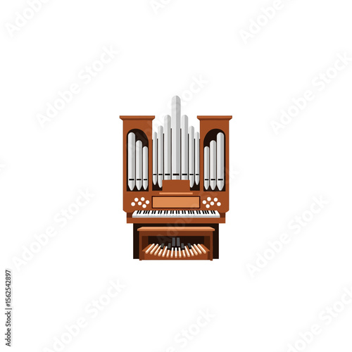A detailed illustration of a grand pipe organ featuring a brown wooden casing, multiple silver pipes, and two keyboards.