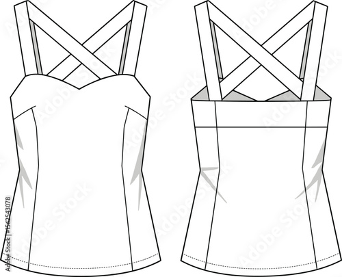 Crisscross strap sweetheart top cad drawing flat vector illustration, sleeveless fashion sketch, fitted seams, flared hem, front and back view