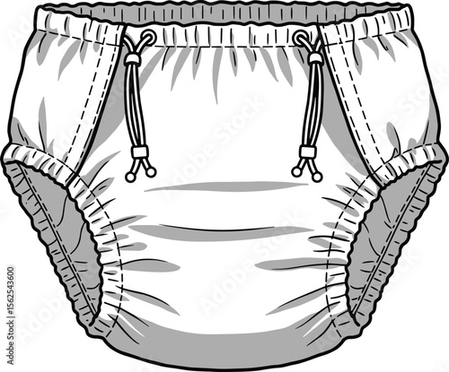 Elastic waist shorts cad drawing flat vector illustration, drawstring tie, stitched seams, front and back views, casual fashion garment sketch