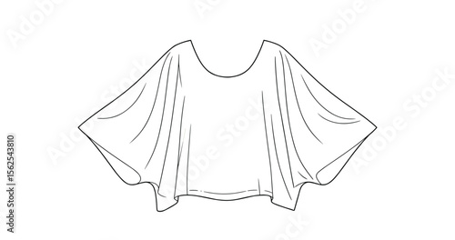 flowy top with wide sleeves, cad drawing flat vector illustration, round neckline, relaxed fit, front and back fashion sketch layout