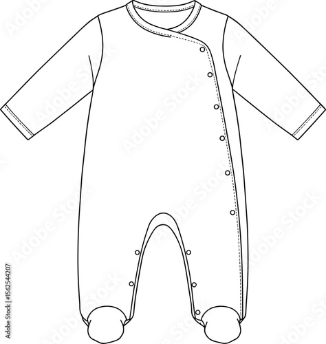footed onesie with diagonal button closure, cad drawing flat vector illustration, long sleeves, front and back sketch, infant garment layout