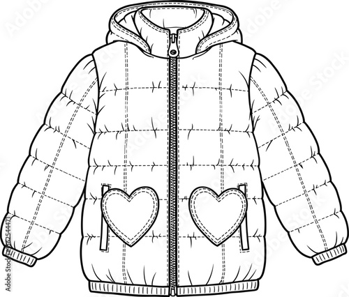 Hooded puffer jacket cad drawing flat vector illustration, heart pockets, grid stitched design, ribbed cuffs, cozy winter fashion sketch