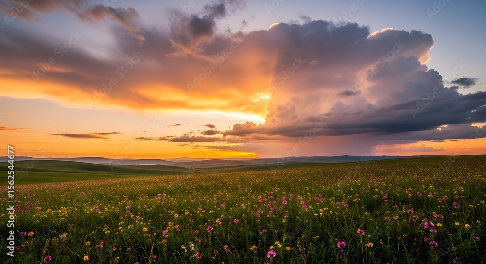 Fototapeta premium Vibrant Wildflower Meadow Under Dramatic Sunset Sky with Golden Light and Storm Clouds