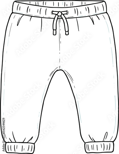 Jogger pants front and back view, cad drawing flat vector illustration, elastic waistband, drawstring closure, cuffed ankles, casual fashion garment sketch