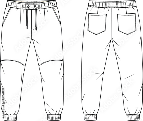 Jogger pants with knee patches cad drawing flat vector illustration, elastic waistband with drawstring, side and back pockets, fashion sketch