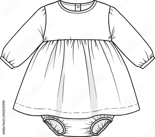 long sleeve dress with diaper cover, cad drawing flat vector illustration, gathered skirt, elastic leg opening, infant fashion sketch
