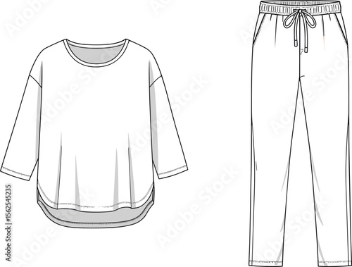 Loungewear set front and back views, cad drawing flat vector illustration, loose-fit sweatshirt, drawstring pants, round neck, relaxed fashion sketch