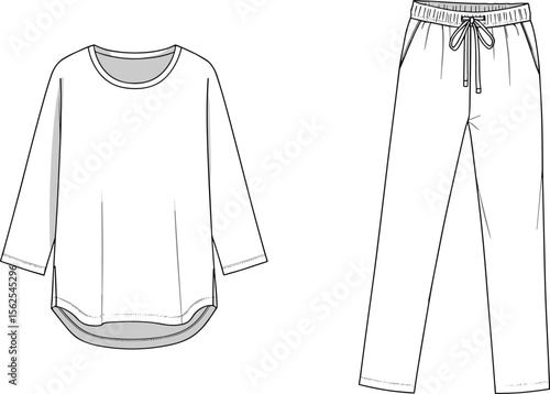 Loungewear set front and back, cad drawing flat vector illustration, round-neck top with curved hem, drawstring pants, relaxed casual fashion sketch