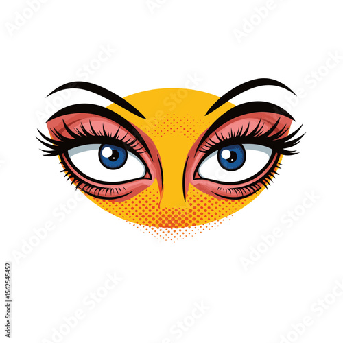 Vibrant pop art depiction of hollow eyes with bold colors and dynamic shapes isolated on white, concept of art and graphic design.