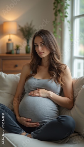 Free Download Expectant mother relaxing on a cozy sofa - GFXLoad