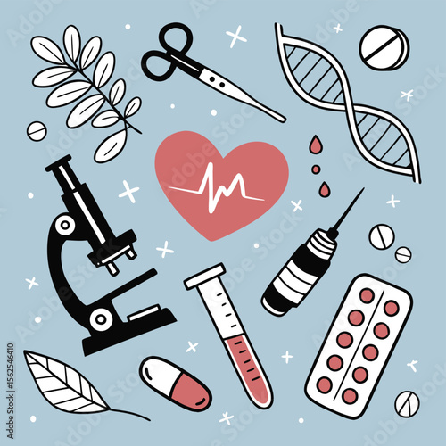 Medical science illustration microscope dna and healthcare symbols