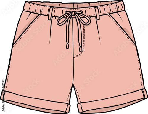 Rolled hem drawstring shorts cad drawing flat vector illustration, elastic waistband, side pockets, stitched seams, front and back sketch