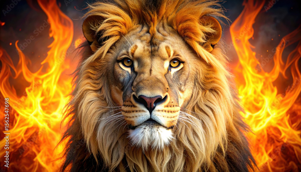 Naklejka premium Majestic Lion Surrounded by Fiery Flames in Dramatic Background