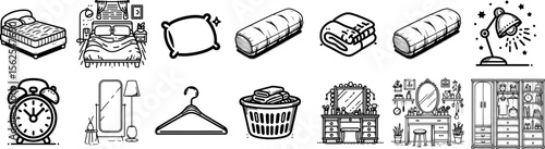 Minimalist cartoon icons of 14 bedroom essentials in clean black line illustration style.