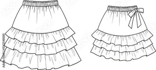 Ruffled tiered mini skirts with elastic waistband cad drawing flat vector illustration, side bow tie detail, layered hemline sketch views