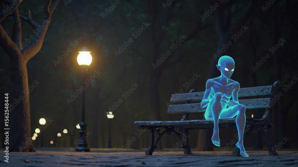  Alien luminescent sur un banc dans un parc nocturne