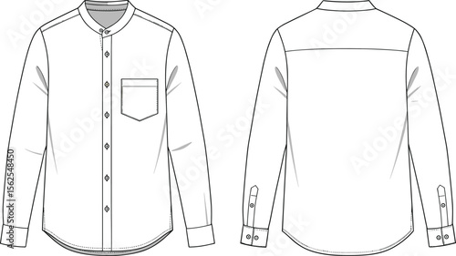 sleeve band collar shirt cad drawing flat vector illustration, button front, chest pocket, curved hem, front and back fashion sketch