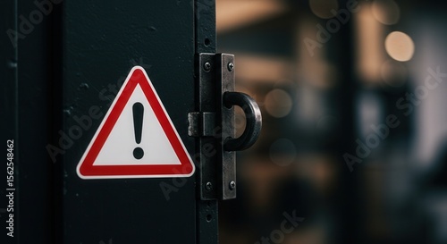 Caution warning sign mounted on a door with blurred background  