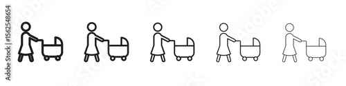 Woman with Baby Stroller icon logo set concept stock vector illustration.