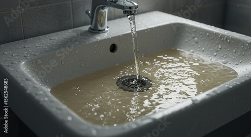Water running from faucet into a sink filled with dirty water  