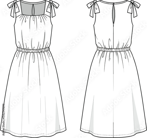 Sleeveless dress with shoulder ties and gathered neckline, cad drawing flat vector illustration, elastic waist, front and back views, flared skirt garment sketch