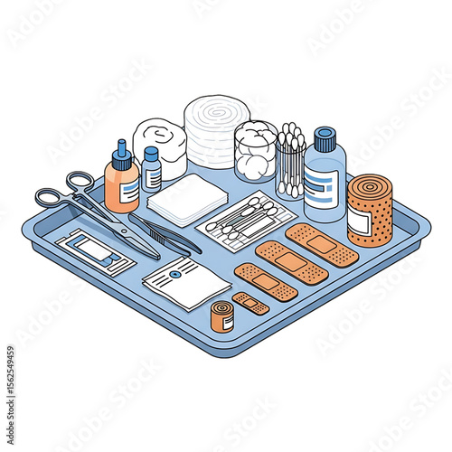 Surgical tools and bandages laid out on a sterile tray.