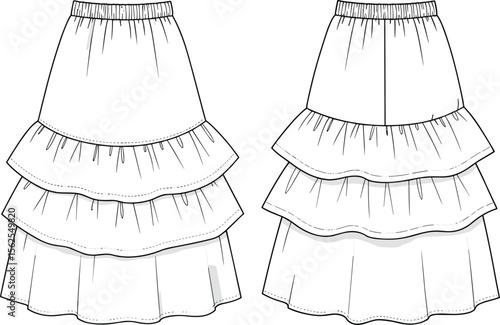 Tiered elastic waist skirt cad drawing flat vector illustration, three-layer silhouette, flared design, front and back fashion sketch layout