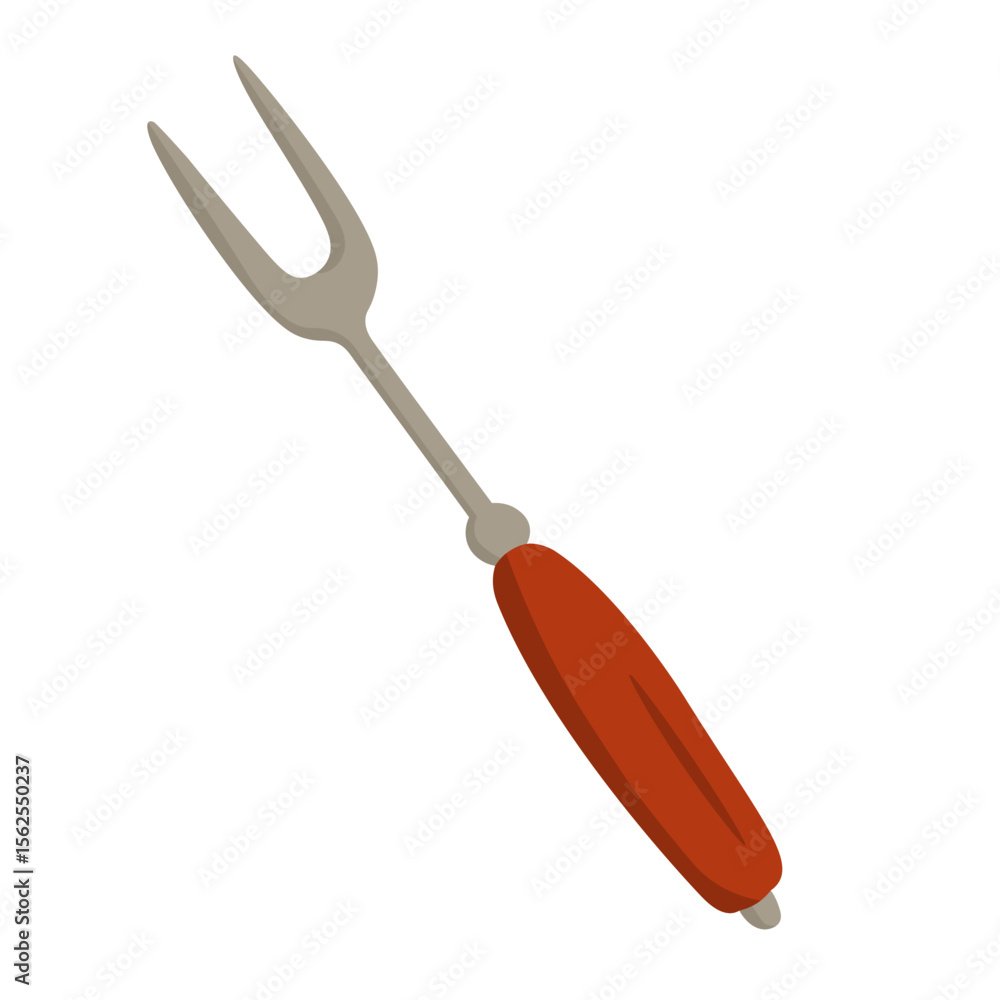 Fototapeta premium Cartoon metal grill fork with red handle. Flat vector barbecue tool for cooking and grilling.