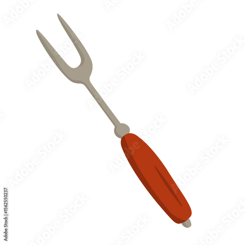 Cartoon metal grill fork with red handle. Flat vector barbecue tool for cooking and grilling.
