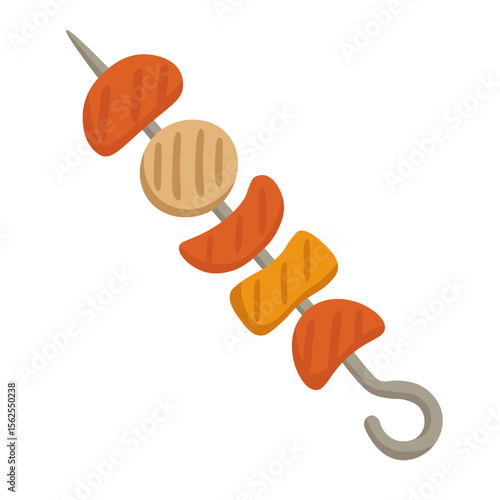 Cartoon skewer with grilled vegetables and meat. Flat vector food illustration for barbecue theme.