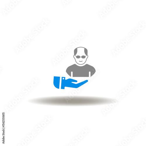 Vector illustration of hand hold old bald man. Icon of pensioner care. Symbol of pension plan.