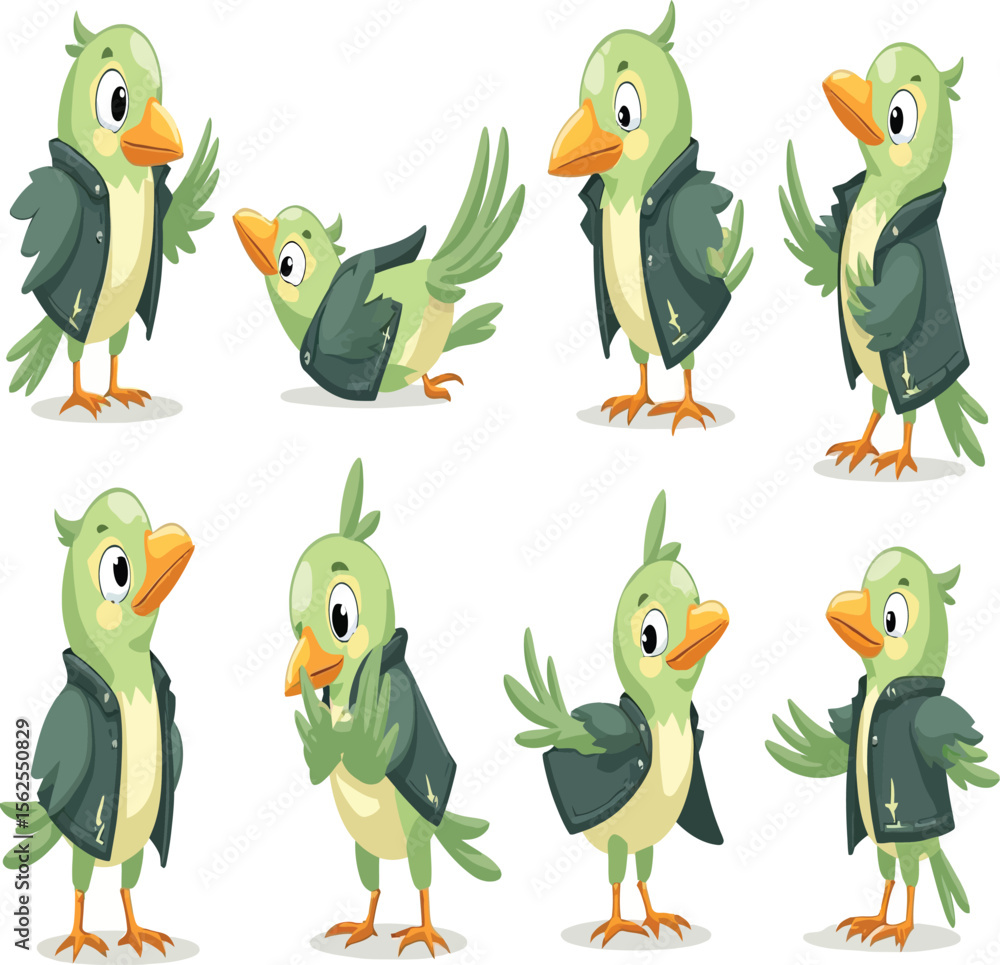 Naklejka premium Charming collection of cartoon birds wearing stylish jackets, perfect for adding a whimsical touch to children's designs and branding projects, or character design.