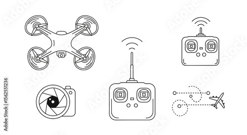 Vector drone photography and videography services with remote control and camera for aerial shots and surveillance